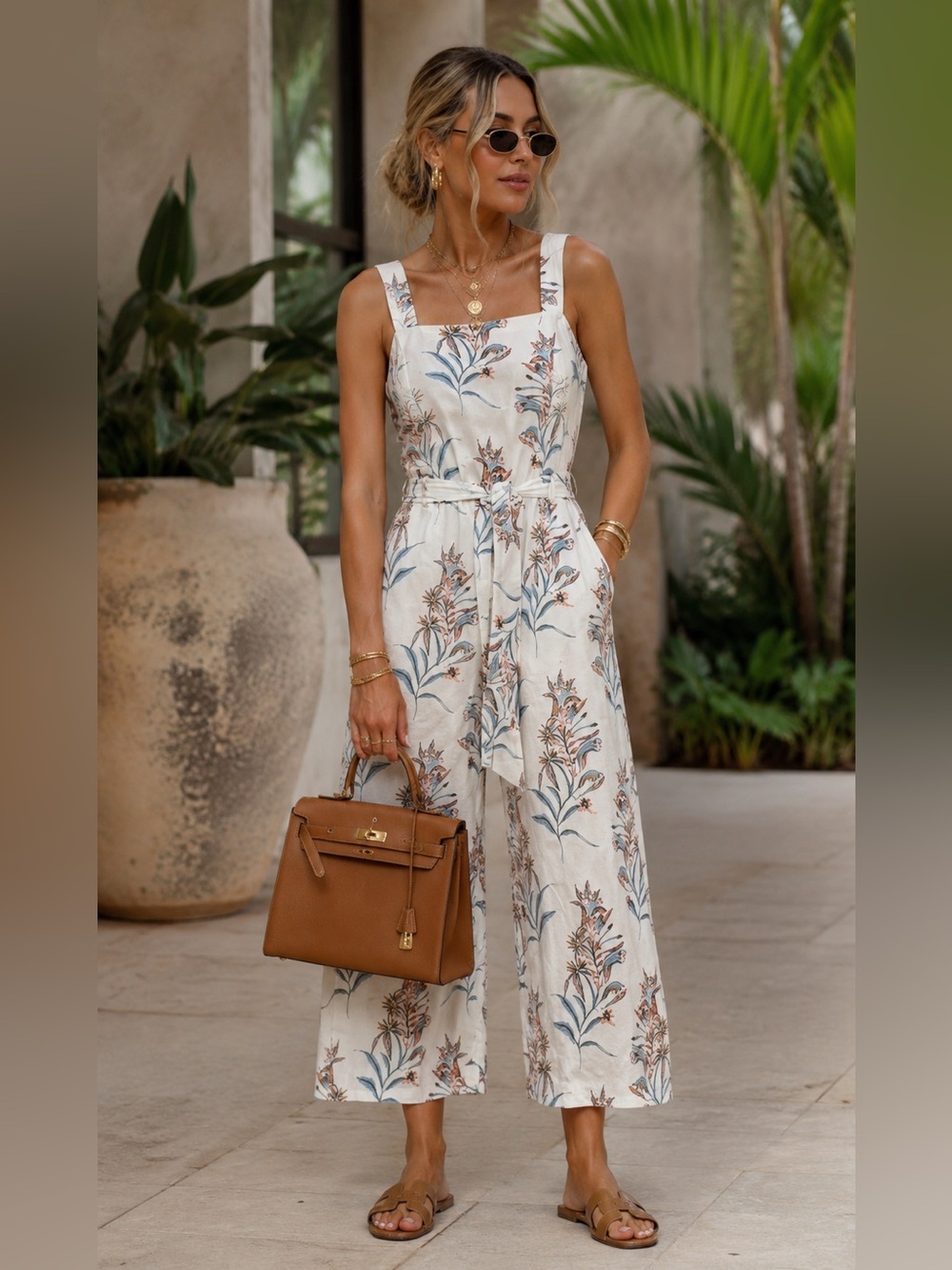 Desmond & Dempsey x H&M Women's Linen Blend White Floral Cropped Jumpsuit Sz 12